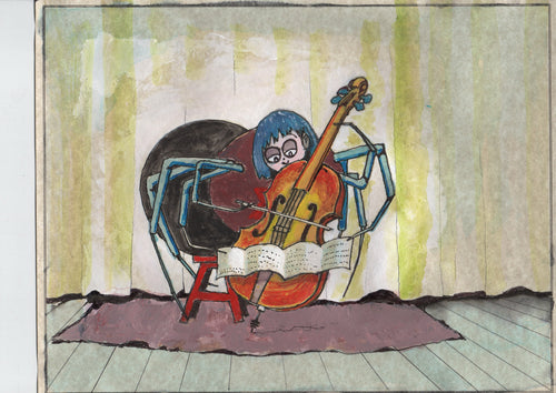 Cartoon spider playing a cello in a room with curtains and a floor.